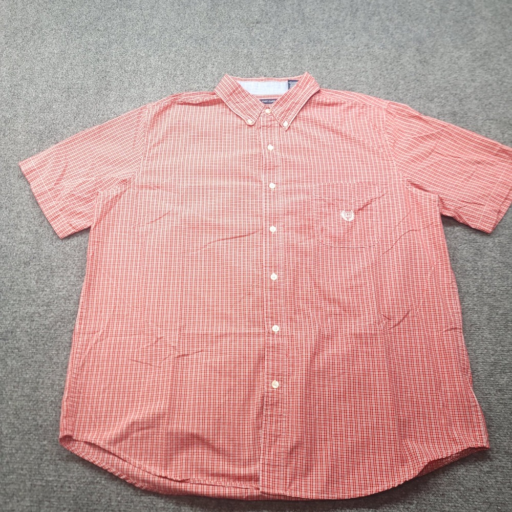Chaps Mens XL Red White Micro Check Short Sleeve Button Down Shirt Easy Care